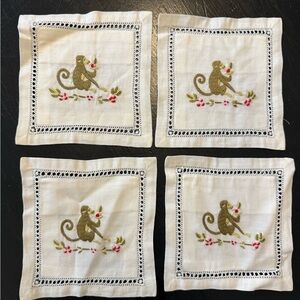Embroidered Monkey Linen Coasters Set